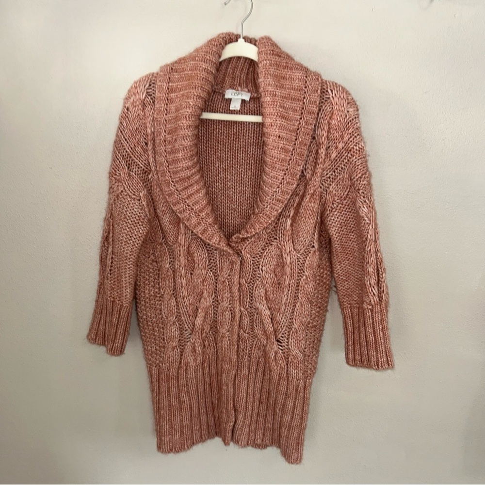 Ann Taylor dusty Rose wool blend Cable Knit Shaw collard Cardigan - Picture 1 of 4